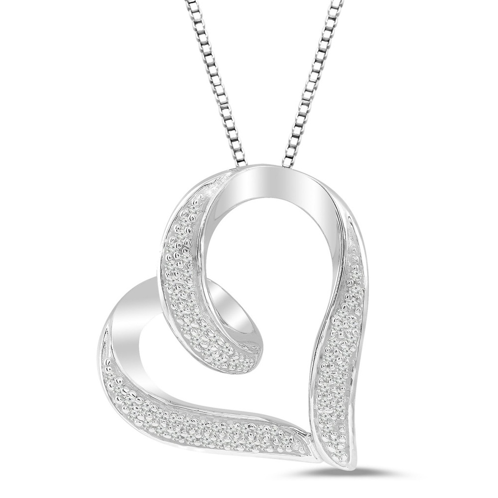 Brilliance Sterling Silver 1/10 CTTW Diamond Tilted Heart Necklace NWT